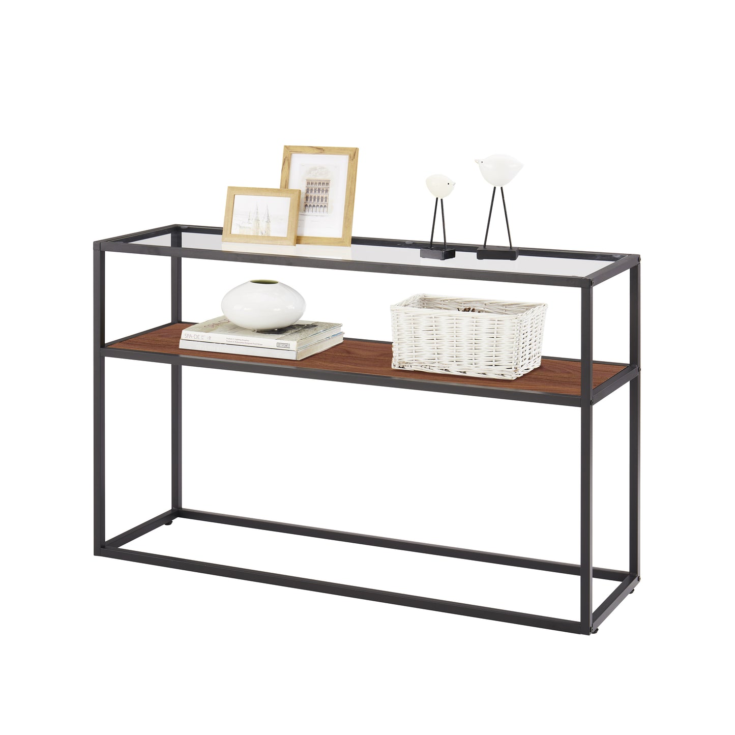 48.03" Glass Console Sofa Table, Modern Open Hallway Table, Narrow Entryway Table,  2 Shelves Couch Side Table with Adjustable Feet,Black Metal Reversable Walnut and Cement ash