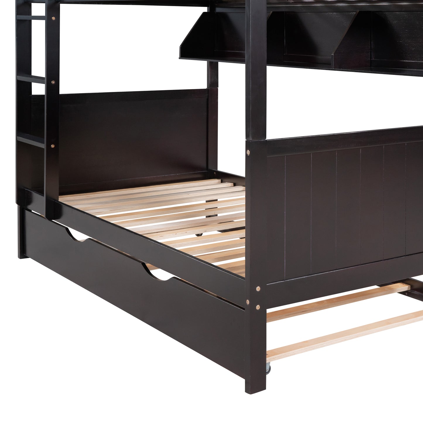 Twin-Over-Twin Bunk Bed with Twin size Trundle , Separable Bunk Bed with Bookshelf for Bedroom -Espresso