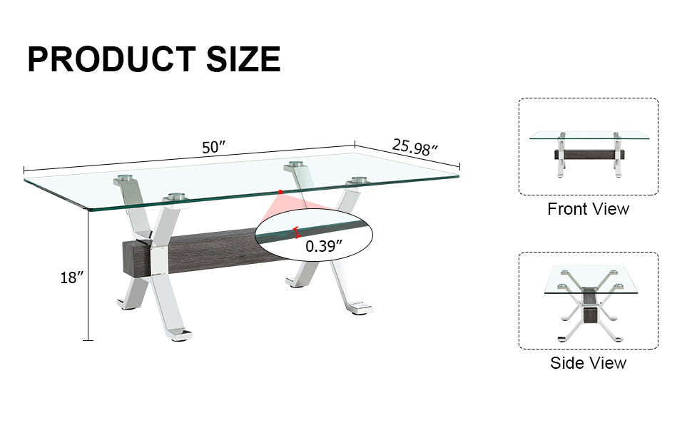 Tea table.Dining Table.Contemporary Tempered Glass Coffee Table with Plating Metal Legs and MDF Crossbar, For Home and Office.