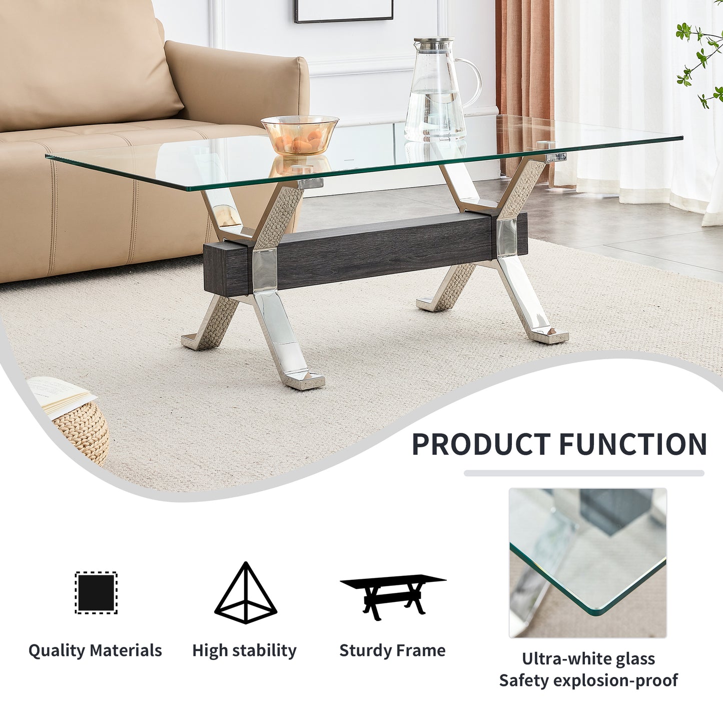 Tea table.Dining Table.Contemporary Tempered Glass Coffee Table with Plating Metal Legs and MDF Crossbar, For Home and Office.