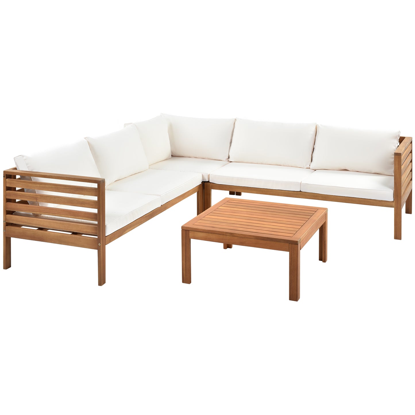 GO Wood Structure Outdoor Sofa Set with beige Cushions Exotic design Water-resistant and UV Protected texture Two-person Sofa One Corner Sofa plus One Coffee Table Strong Metal Accessories