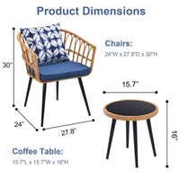 3-Piece Patio Wicker Round 16 in. H Coffeee Table Outdoor Bistro Conversation Set Rattan Chair with Blue Cushions