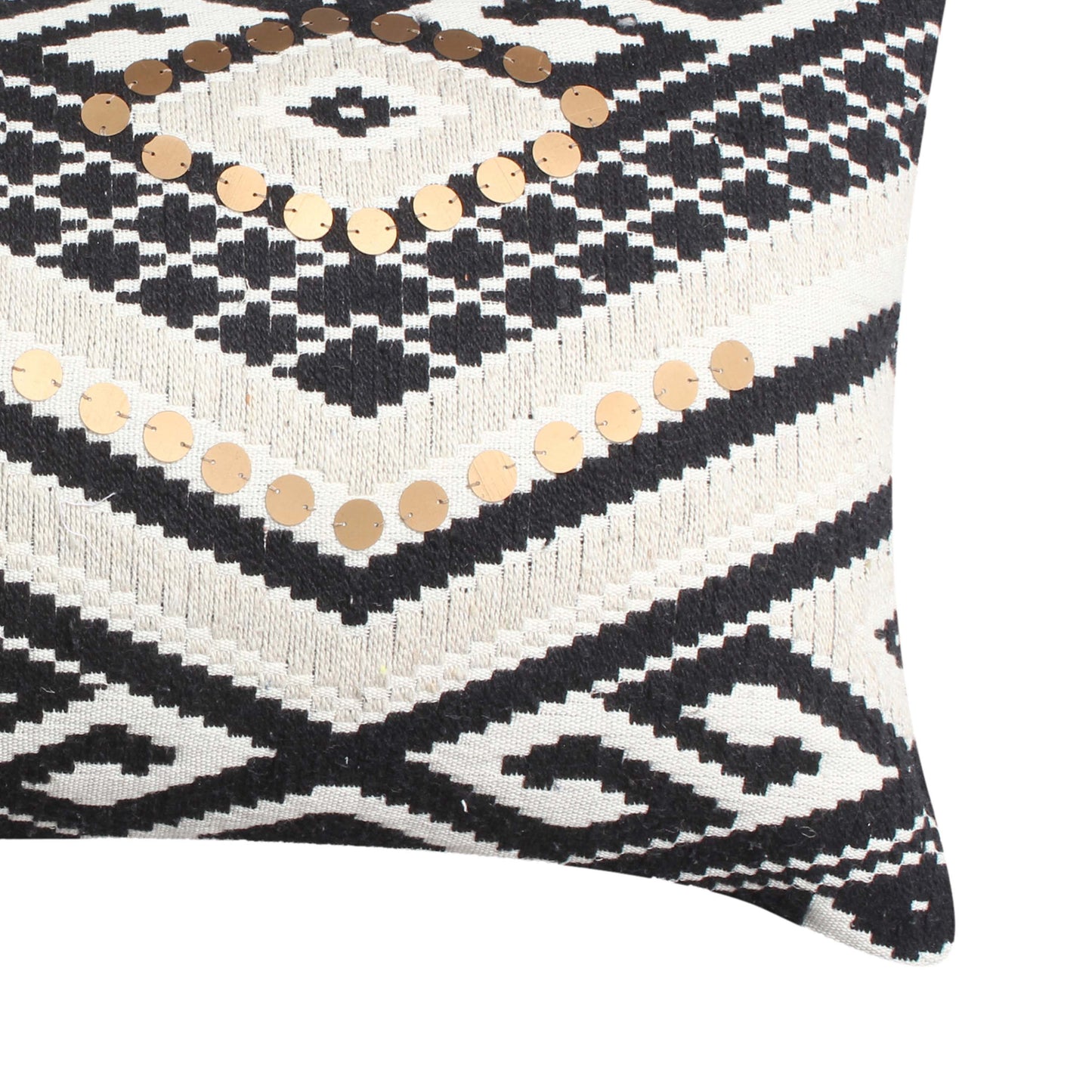 12 x 20 Rectangular Handwoven Jacquard Accent Lumbar Throw Pillow, Sequins, Geometric Design, White, Black