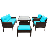 TOPMAX 6-Piece Outdoor Patio PE Wicker Rattan Sofa Set Dining Table Set with Removable Cushions and Tempered Glass Tea Table for Backyard, Poolside, Deck, Brown Wicker+Blue Cushion