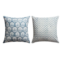 18 x 18 Square Cotton Accent Throw Pillow, Floral and Chevron Patterns, Set of 2, White, Blue