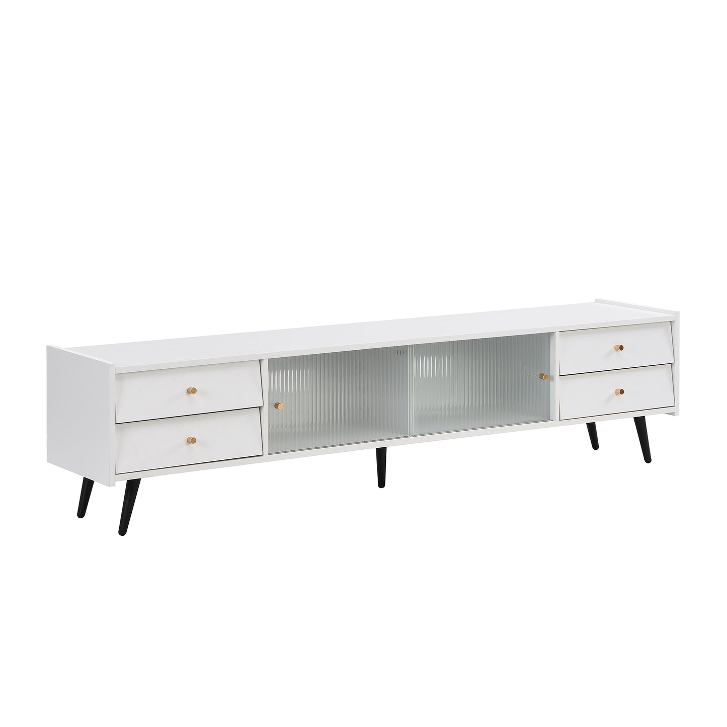 ON-TREND Contemporary TV Stand with Sliding Fluted Glass Doors, Slanted Drawers Media Console for TVs Up to 70", Chic Elegant TV Cabinet with Golden Metal Handles , White