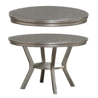 Formal Traditional Dining Table Round Table Silver Hue 5pc Dining Table w Shelf 4x Side Chairs Cut out Back Design Chairs Dining Room Furniture