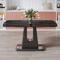 A modern, minimalist, and luxurious table. A black imitation marble tabletop with MDF U-shaped legs. Dining table, computer table. For restaurants and living rooms 63" * 35.4"* 30" F-U