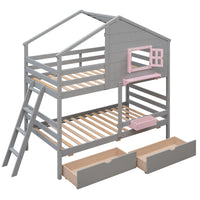 Twin over Twin Bunk Bed with 2 Drawers, 1 Storage Box, 1 Shelf, Window and Roof-Gray(OLD SKU:LT000608AAE)