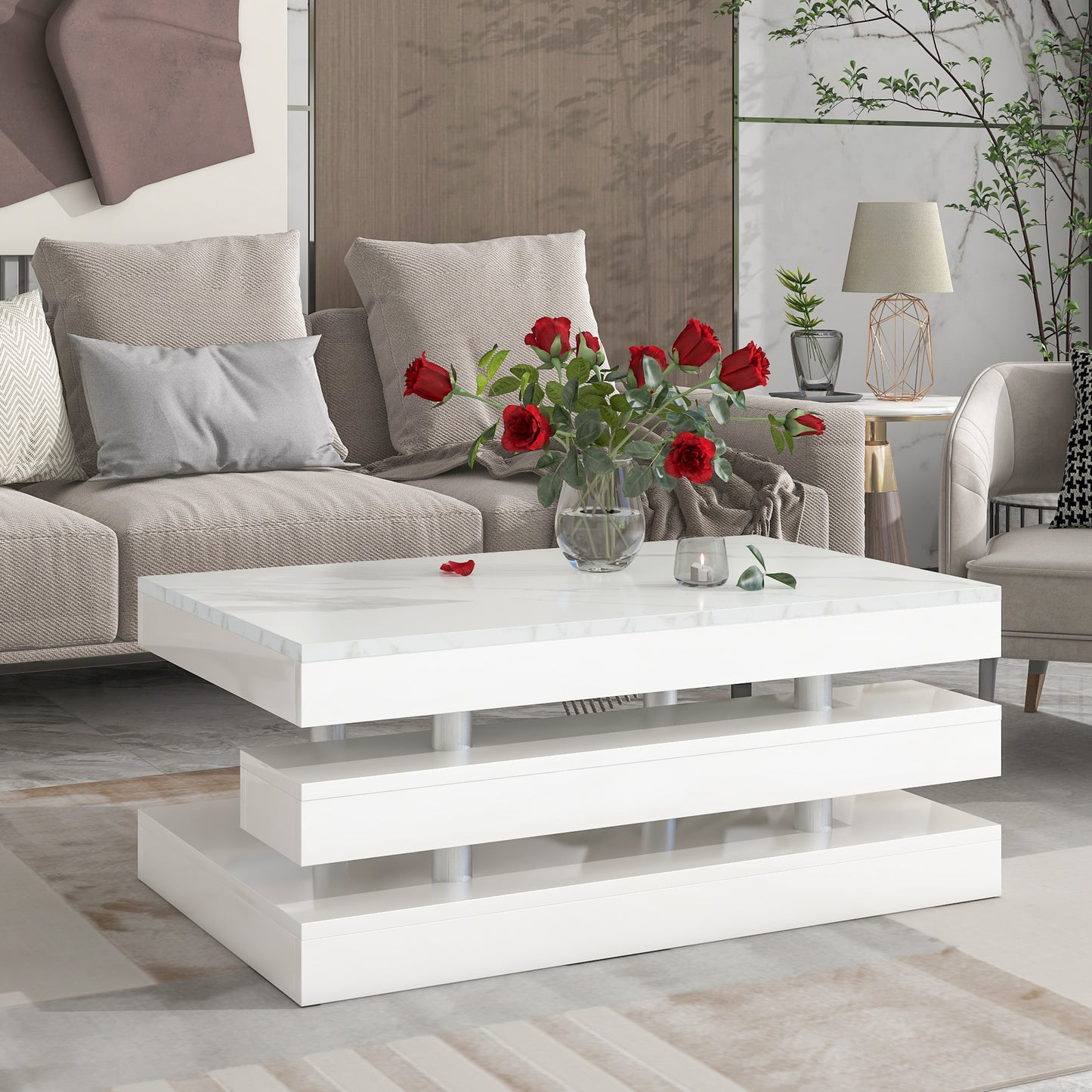 ON-TREND Modern 2-Tier Coffee Table with Silver Metal Legs, Rectangle Cocktail Table with High-gloss UV Surface, Minimalist Design Center Table for Living Room, White