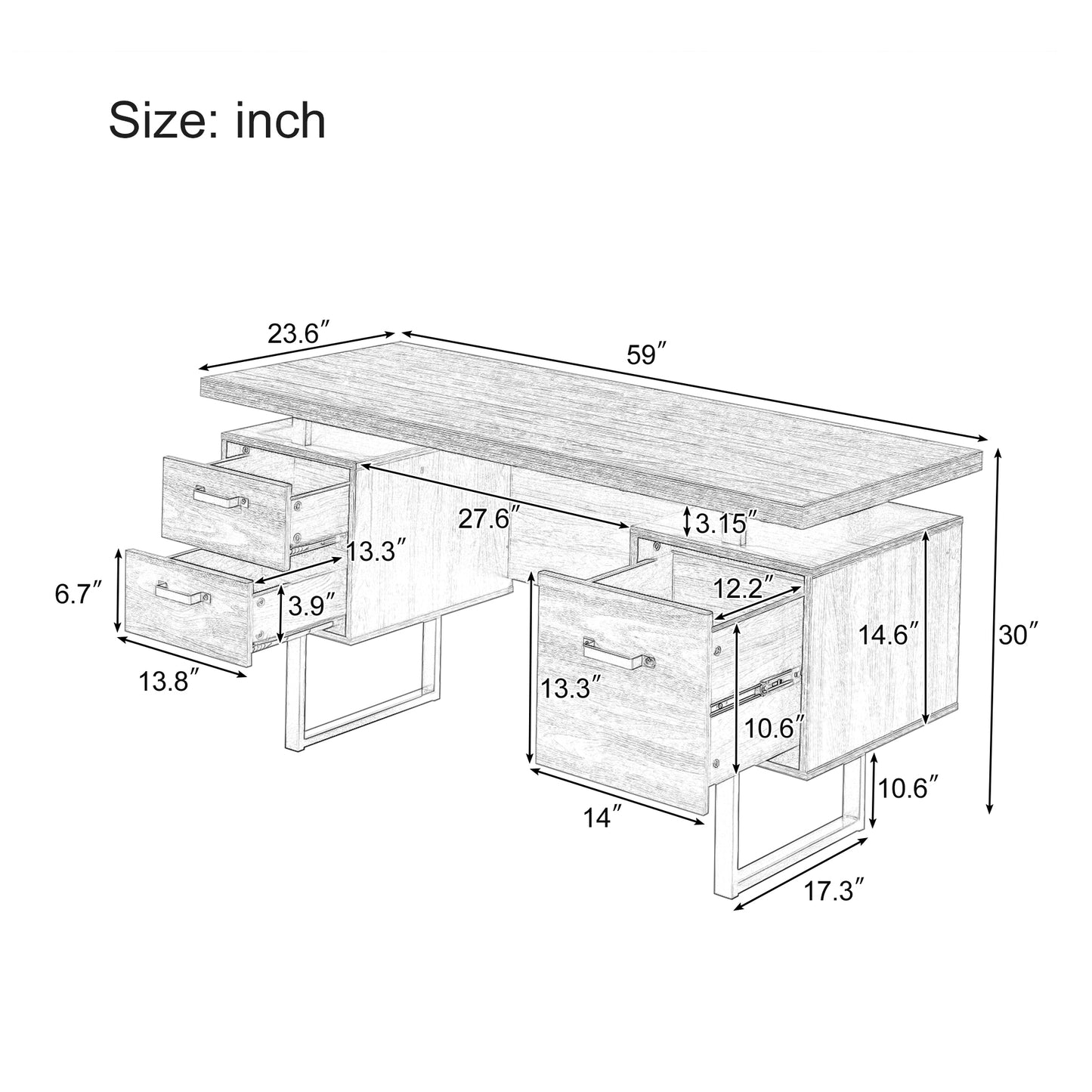 Home Office Computer Desk with Drawers/Hanging Letter-size Files, 59 inch Writing Study Table with Drawers