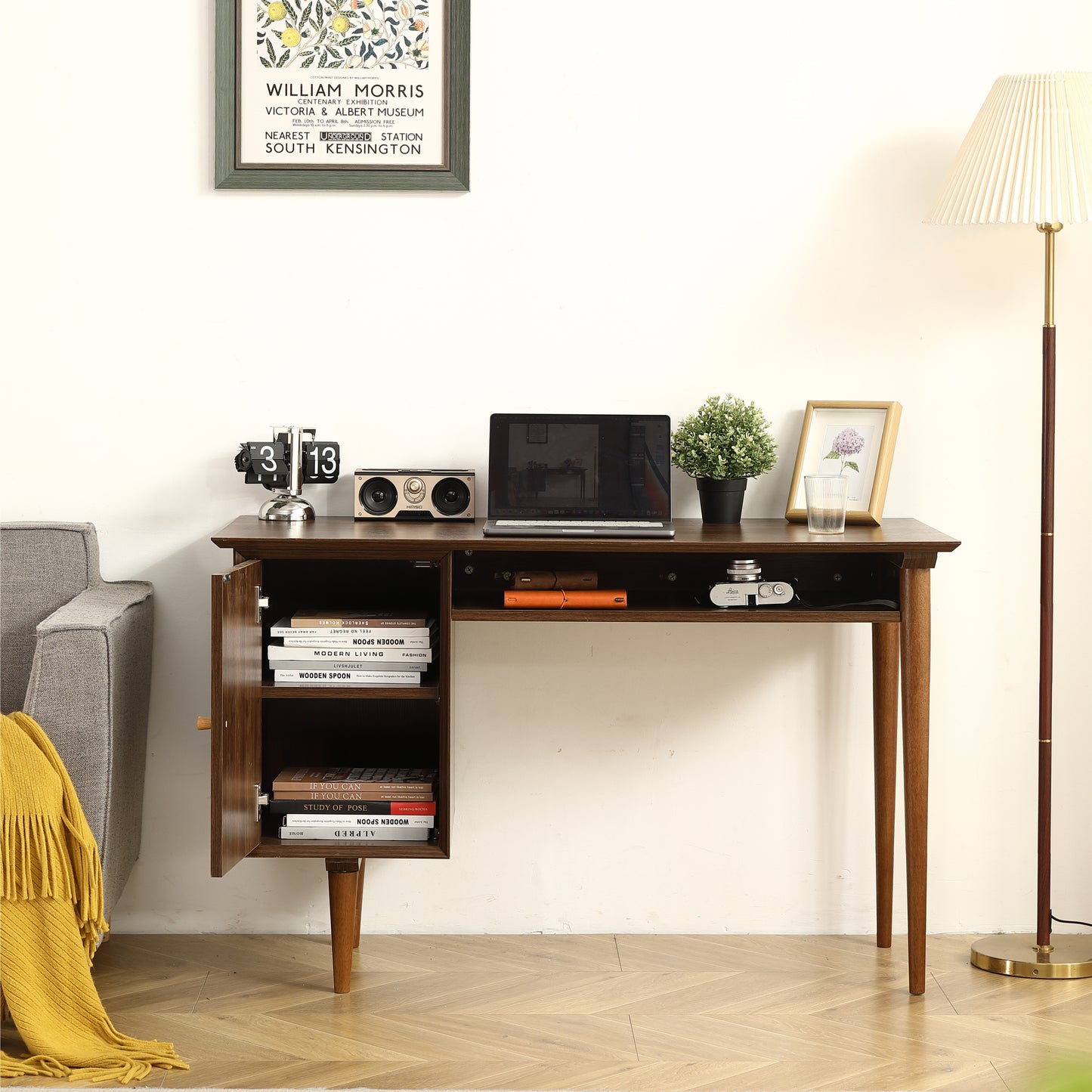 Small Desk with 47.24 Inch, Modern Walnut Finish, Solid Wood Legs - Suitable for Home and Office Use