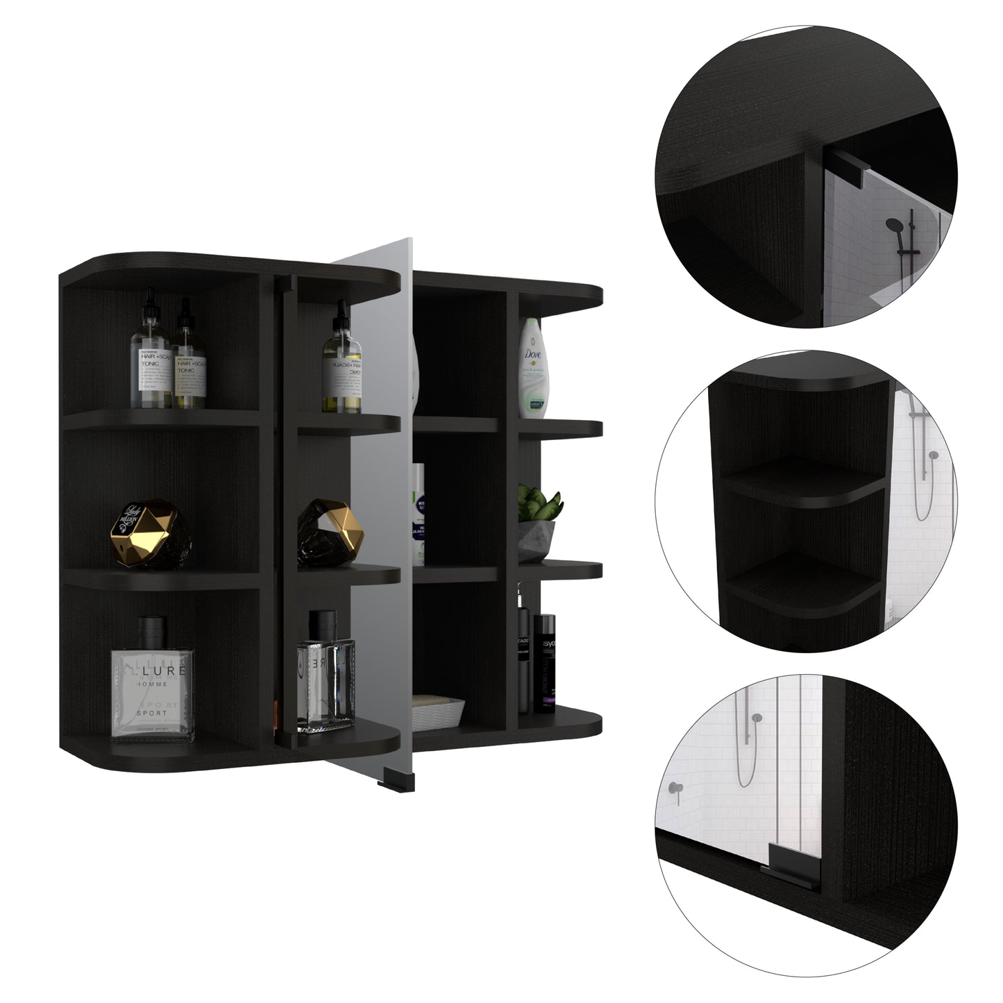 Milan Medicine Cabinet, Six External Shelves Mirror, Three Internal Shelves -Black