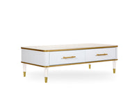 Modern White/Gold tone Sintered Matte Stone Top Coffee Table W/ Drawer