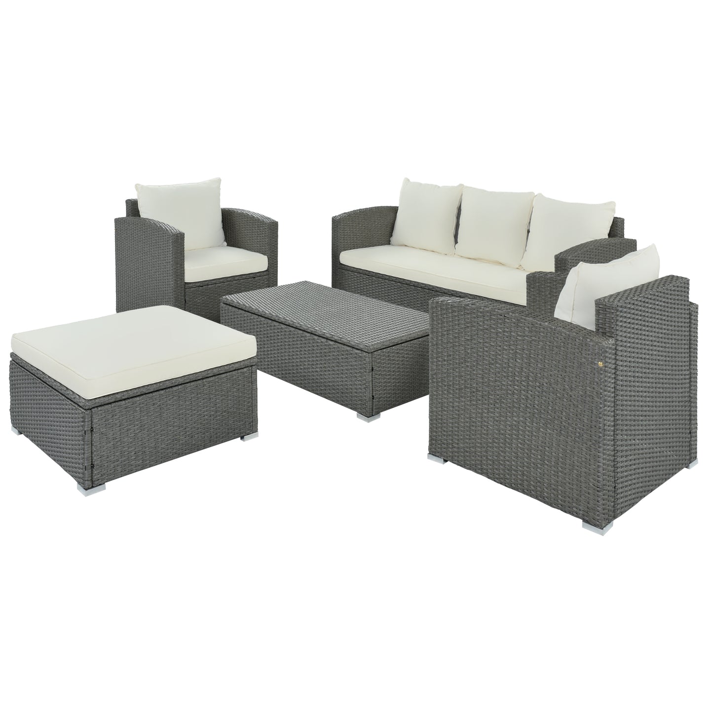 TOPMAX Outdoor Patio 5-Piece All-Weather PE Wicker Rattan Sectional Sofa Set with Multifunctional Table and Ottoman, Gray Wicker+ Beige Cushion