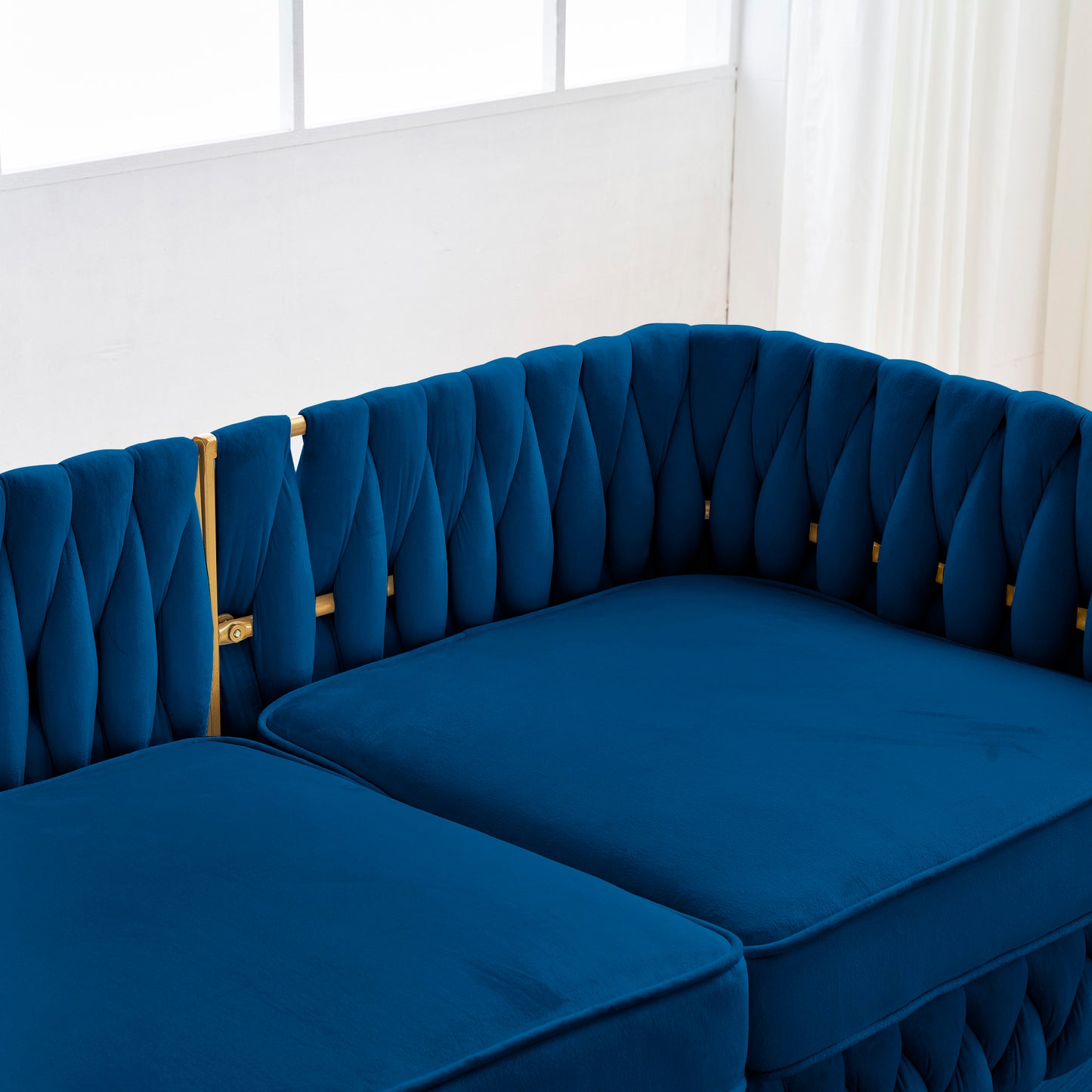 Velvet Couch Sofa for Three People , Upholstered Sofa with Stylish Woven Back, Small Comfy Couch with 3 Pillows, Modern 3-Seat Sofa with Gold Frame for Living Room , Blue Velvet