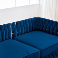 Velvet Couch Sofa for Three People , Upholstered Sofa with Stylish Woven Back, Small Comfy Couch with 3 Pillows, Modern 3-Seat Sofa with Gold Frame for Living Room , Blue Velvet