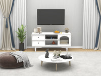 Living Room White TV Stand with Drawers and Open Shelves, A Cabinet with Glass Doors for Storage