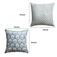 18 x 18 Square Cotton Accent Throw Pillow, Floral and Chevron Patterns, Set of 2, White, Blue