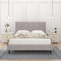 Full Size Linen Light Beige Sqaure Upholstered Platform Bed With Slat Support.