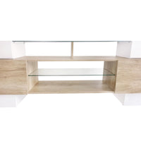 ON-TREND Unique Shape TV Stand with 2 Illuminated Glass Shelves, High Gloss Entertainment Center for TVs Up to 80", Versatile TV Cabinet with LED Color Changing Lights for Living Room, Wood