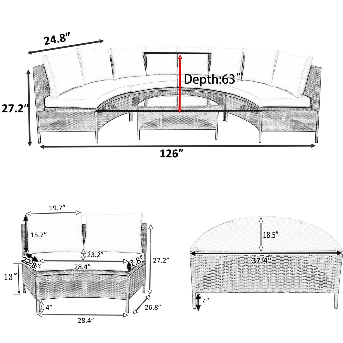 TOPMAX 5 Pieces All-Weather Brown PE Rattan Wicker Sofa Set Outdoor Patio Sectional Furniture Set Half-Moon Sofa Set with Tempered Glass Table, Beige