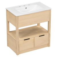 30" Bathroom Vanity with Sink Top, Bathroom Cabinet with Open Storage Shelf and Two Drawers, One Package, Natural