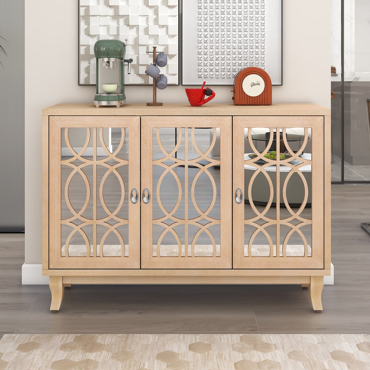 TREXM Sideboard with Glass Doors, 3 Door Mirrored Buffet Cabinet with Silver Handle for Living Room, Hallway, Dining Room (Natural Wood Wash)