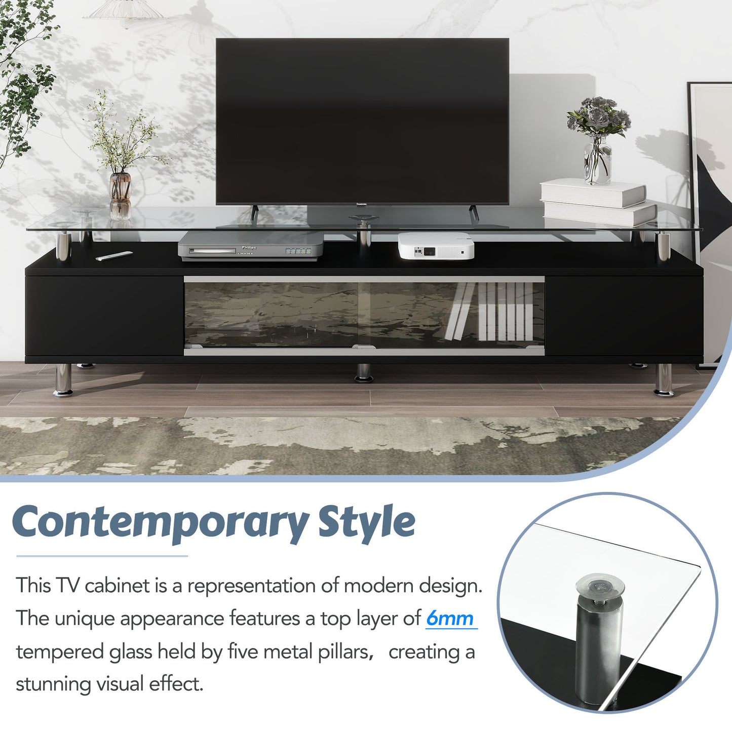 ON-TREND Sleek Design TV Stand with Silver Metal Legs for TV Up to 70", Tempered Glass TV Cabinet with Ample Storage Capacity, Contemporary Media Console with Sliding Glass Door for Living Room, Black