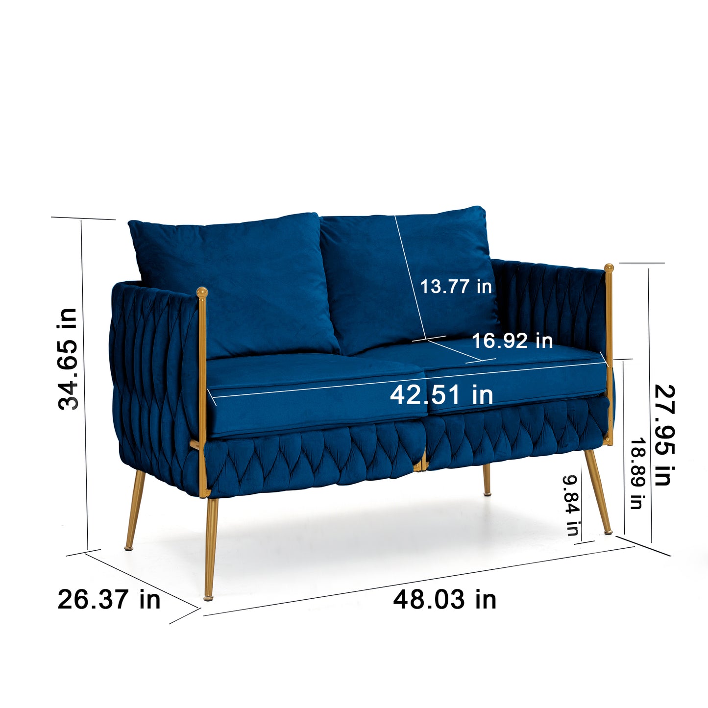 3 Piece Modern Velvet Upholstered Living Room Set with 3-Seater Sofa and 2 Loveseats, Handmade Woven Tufted Back and Arms, Golden Metal Legs, Blue Velvet