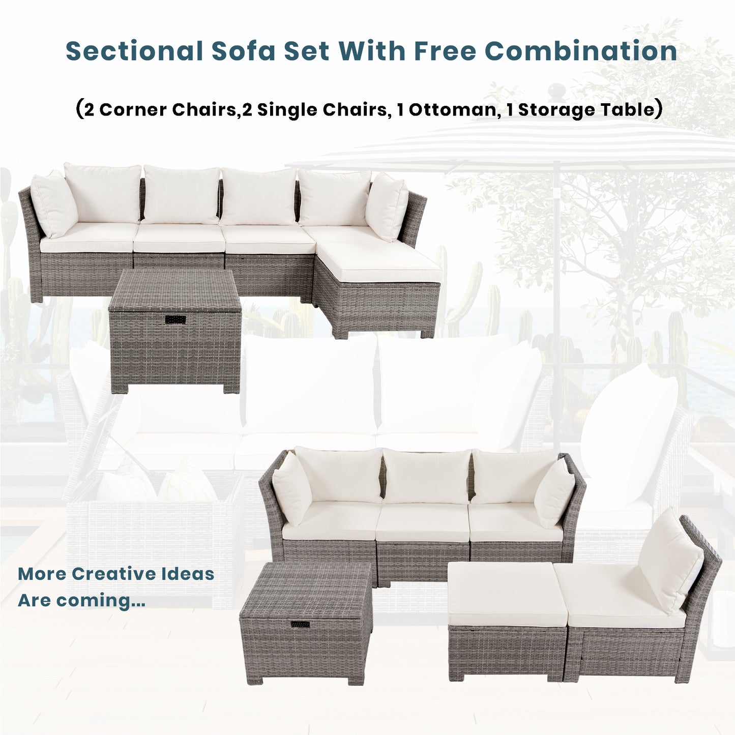 TOPMAX 6-Piece Outdoor Sofa Set, PE Wicker Rattan Sofa with 2 Corner Chairs, 2 Single Chairs, 1 Ottoman and 1 Storage Table, All-weather Conversational Furniture, Beige