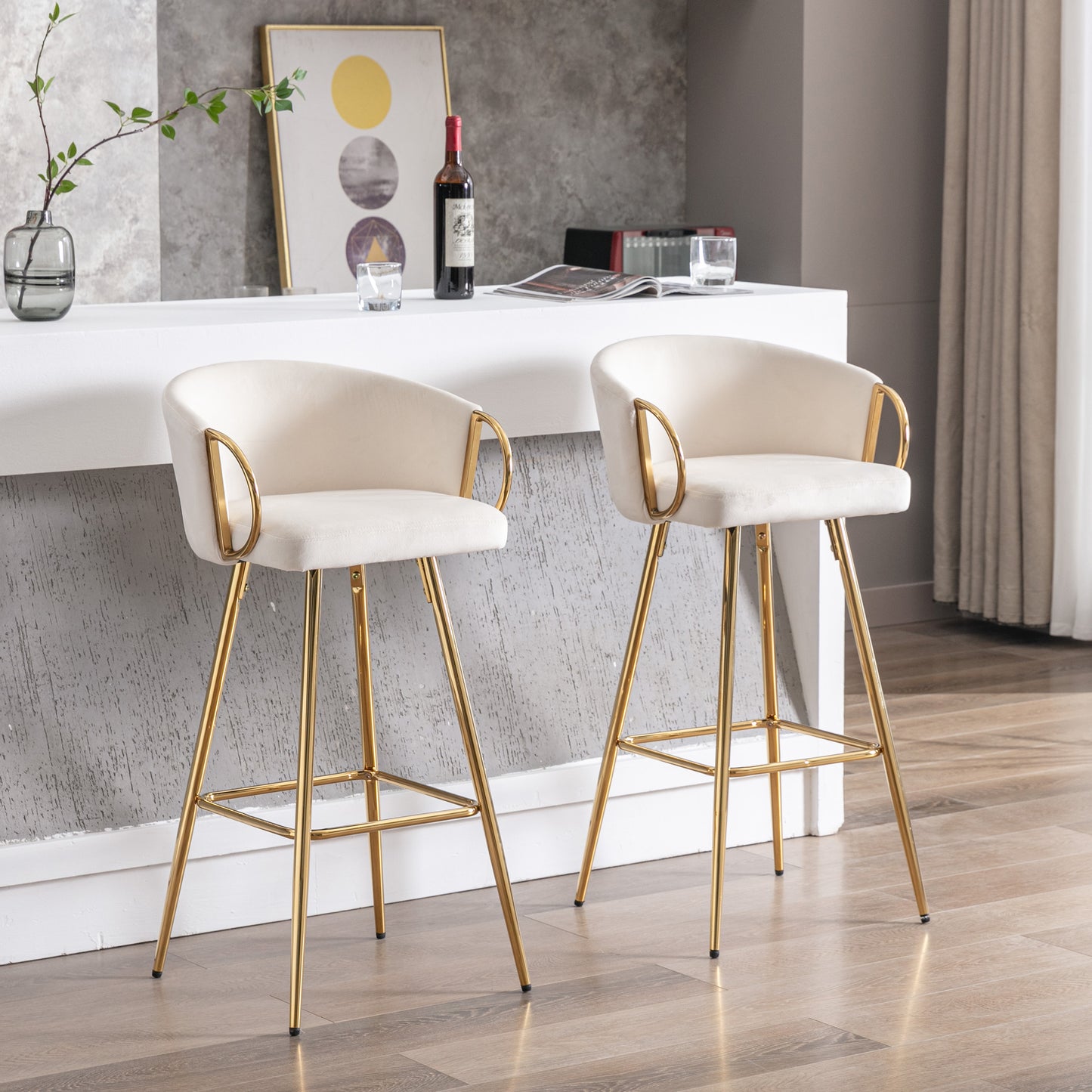 30 Inch Set of 2 Bar Stools,with Chrome Footrest and Base Velvet + Golden Leg Simple Bar Stool,CREAM