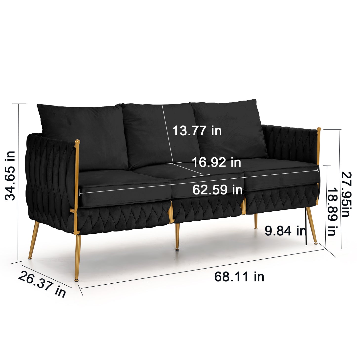 Handmade Woven Velvet Back and Sides Sofa Set, One Accent Chair And One 3 Seater Sofa, Gold Frame and Gold Legs , Modern Living Room Sofa Sets for Living Room , Black Velvet