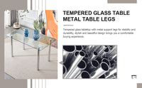 Modern minimalist glass dining table. A transparent tempered glass desktop with a thickness of 0.3 feet and silver metal legs. Suitable for restaurants and living rooms.   51"*31.4"*29.5"