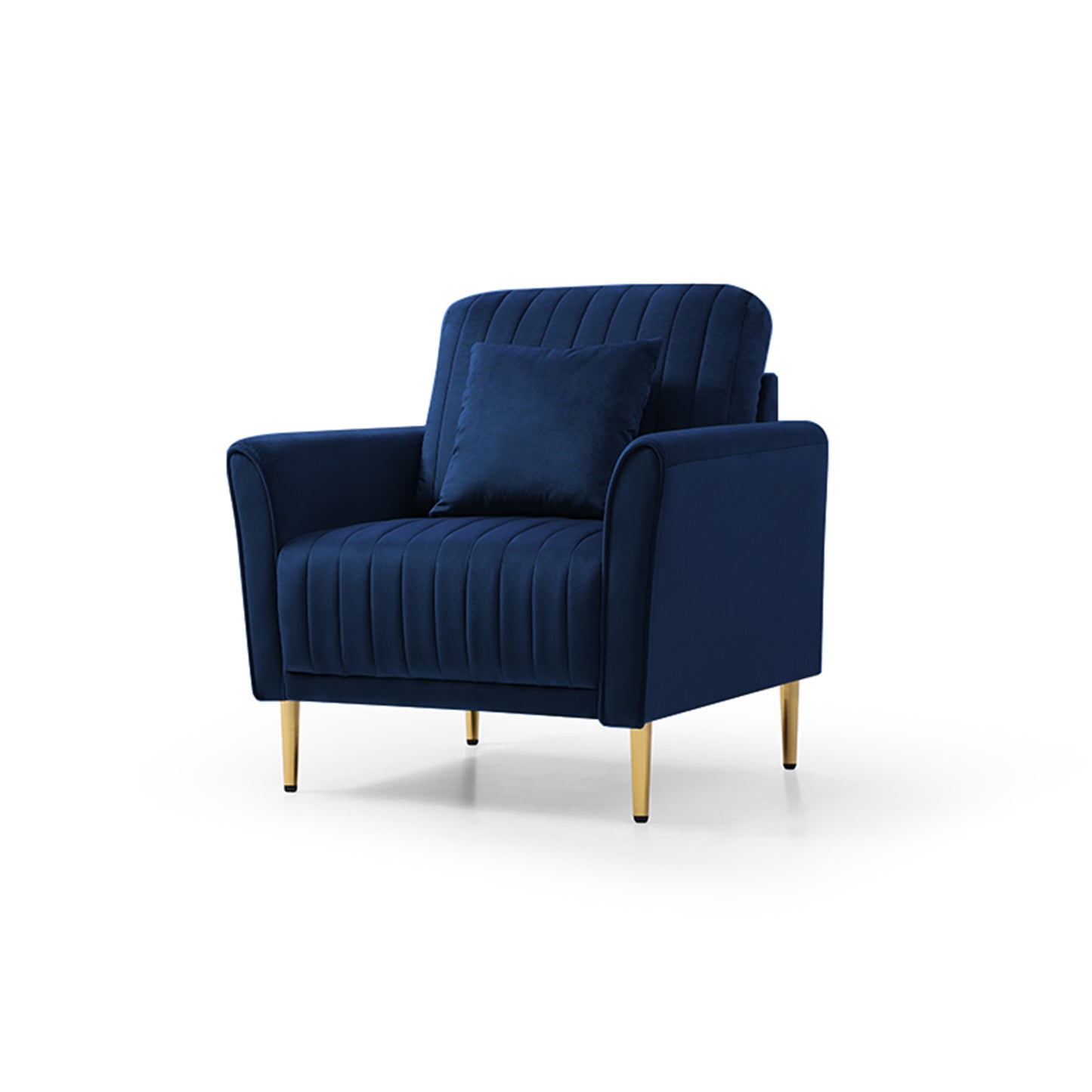 Velvet Accent Chair Round Arm Chair with Gold Legs, Upholstered Single Sofa for Living Room Bedroom, Navy Blue with 1 Throw Pillow