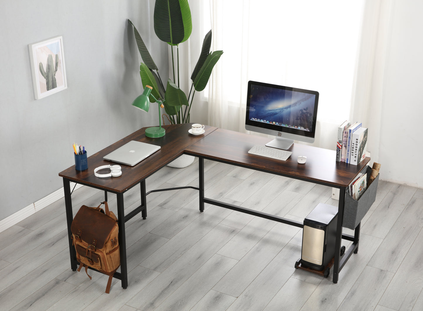 Modern Design L-Shaped Desk Corner Computer Desk PC laptop Computer Table Study Desk Home Office Wood & Metal Pella oak（包含机箱托，书包挂钩，布抽收纳袋）