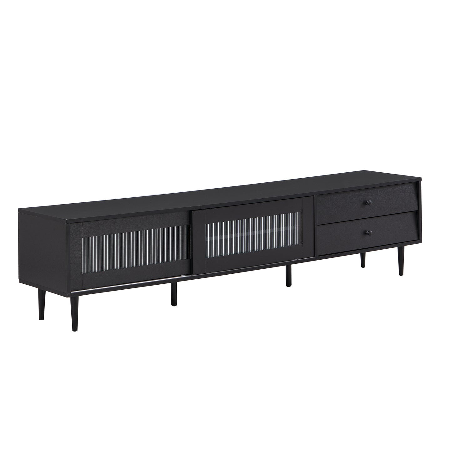 ON-TREND Chic Elegant Design TV Stand with Sliding Fluted Glass Doors, Slanted Drawers Media Console for TVs Up to 75", Modern TV Cabinet with Ample Storage Space, Black