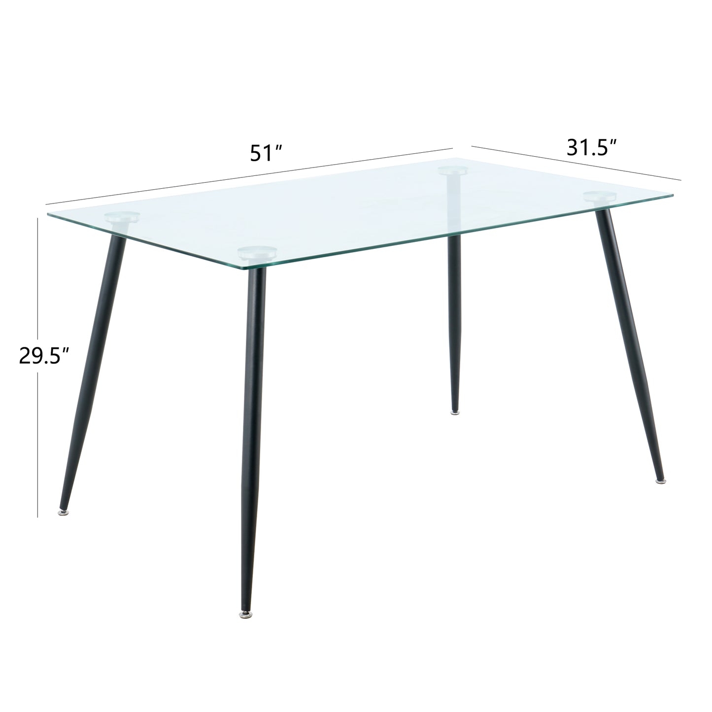 Modern Kitchen Glass dining table 51" Rectangular  Tempered Glass Table top,Clear Dining Table Metal Legs, Black legs