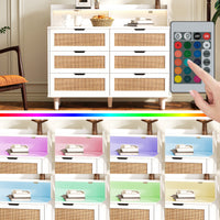 43.31"6-Drawers Rattan Storage Cabinet Rattan Drawer with LED Lights and Power Outlet,for Bedroom,Living Room,White