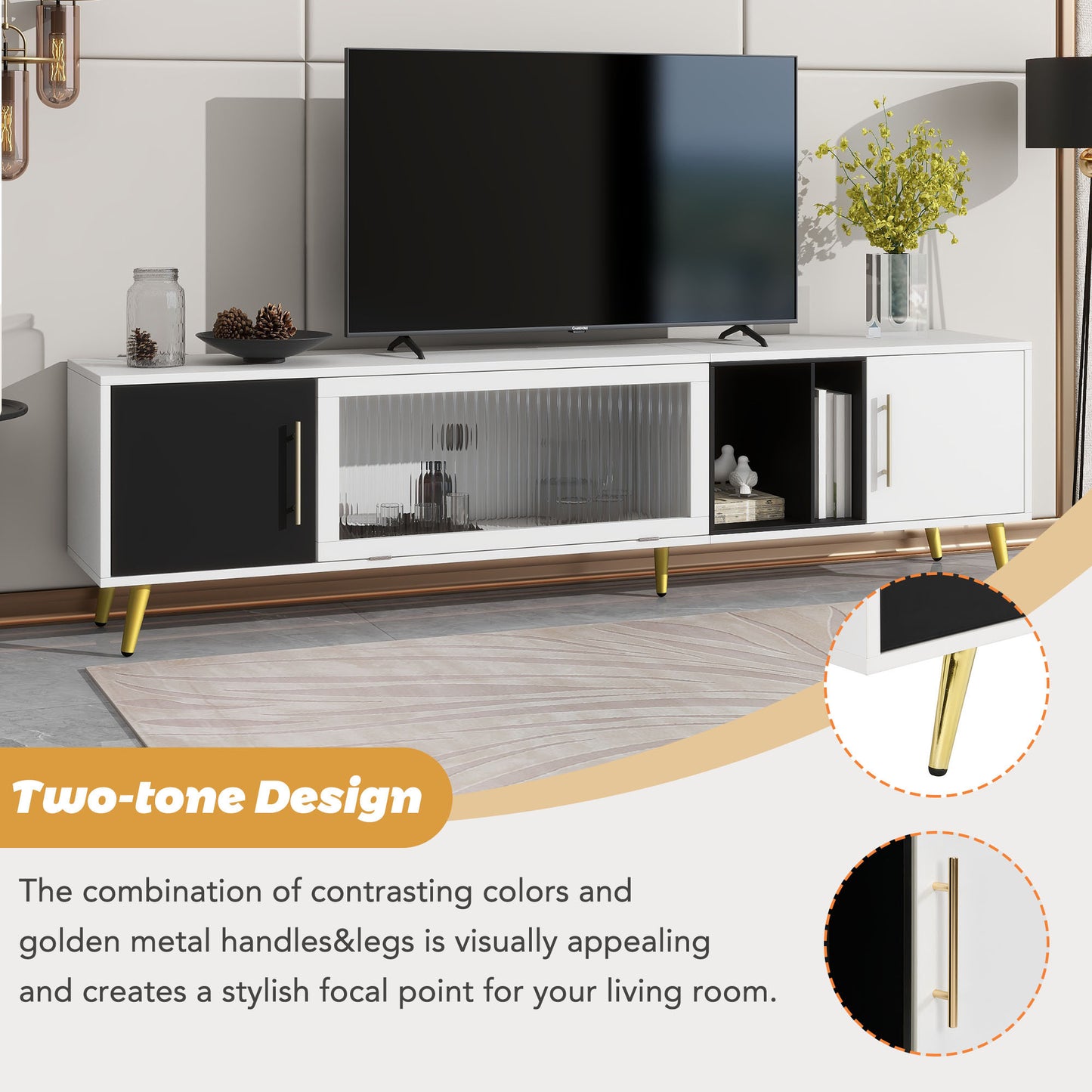 ON-TREND Stylish TV Stand with Golden Metal Handles&Legs, Two-tone Media Console for TVs Up to 80", Fluted Glass Door TV Cabinet with Removable Compartment for Living Room, White