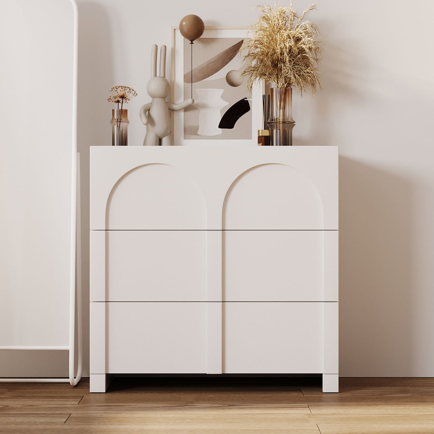 Modern Style Three-Drawer Chest Sideboard Cabinet Ample Storage Spaces for Living Room, Children's Room, Adult Room, Half Gloss White