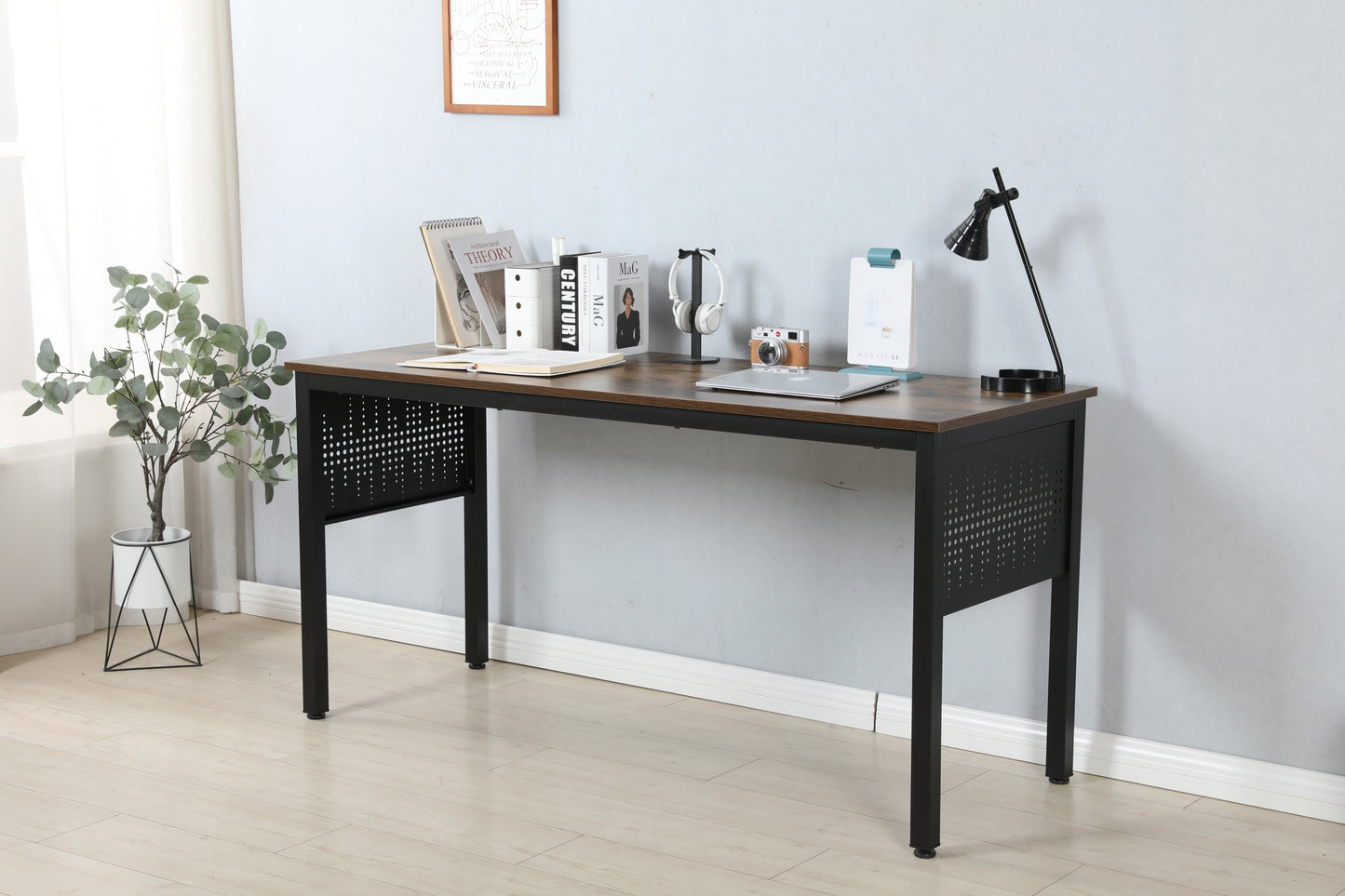 63x24 inches home office desk workstation with metal decorative panel BLACK