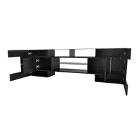 ON-TREND Unique Shape TV Stand with 2 Illuminated Glass Shelves, High Gloss Entertainment Center for TVs Up to 80", Versatile TV Cabinet with LED Color Changing Lights for Living Room, Black