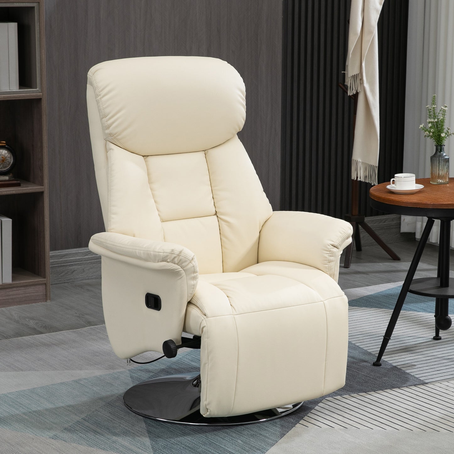 HOMCOM Manual Recliner Chair for Adults, Adjustable Swivel Recliner with Footrest, Padded Arms, PU Leather Upholstery and Steel Base for Living Room, Cream White