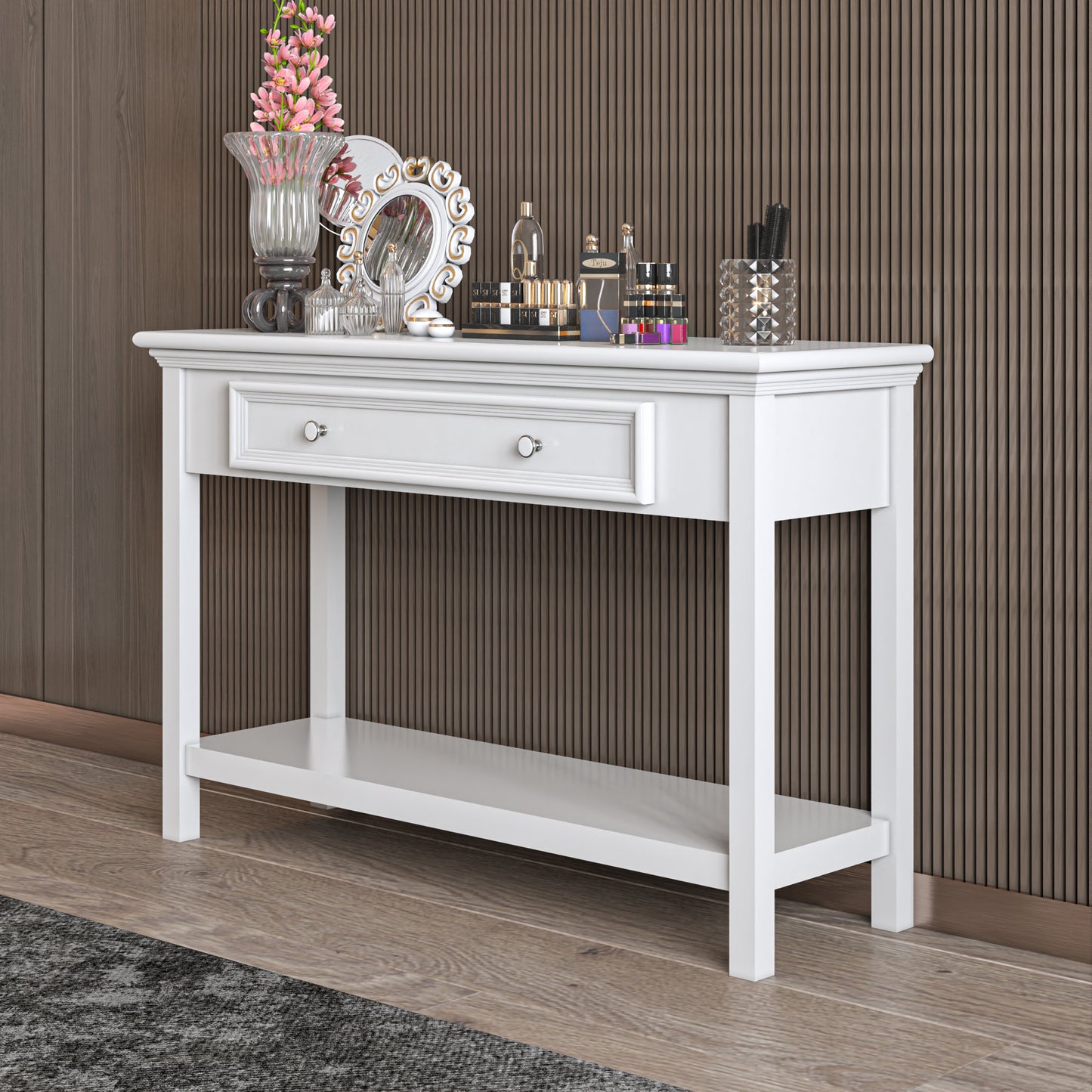 Modern Country Inspired Solid Wood Structure, Console Table With Drawer & Shelve, Timeless Design & Elegant With Embellish Details Featuring Unique Aesthetics by Bolivar Series. Paint Sprayed