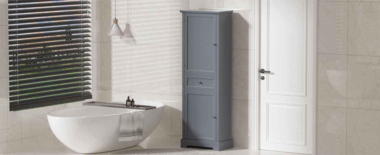 Bathroom Storage Cabinet, Tall Storage Cabinet with Two Doors and Drawer, Adjustable Shelf, Grey