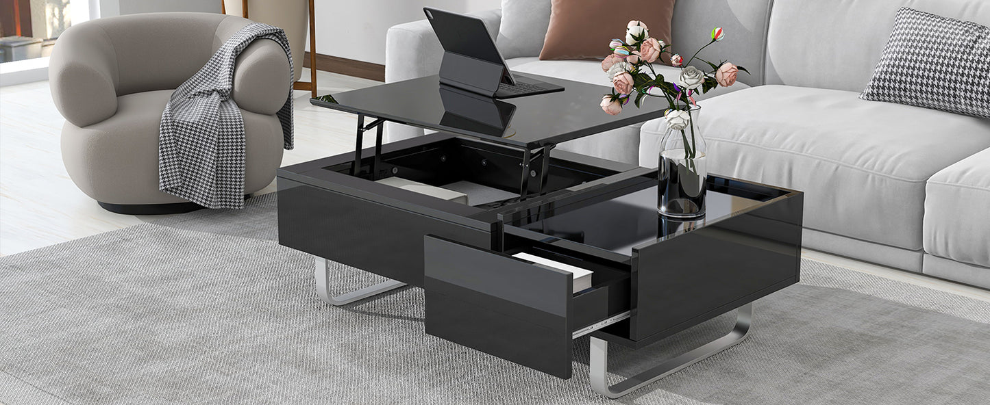 ON-TREND Multi-functional Coffee Table with Lifted Tabletop, Contemporary Cocktail Table with Metal Frame Legs, High-gloss Surface Dining Table for Living Room, Black