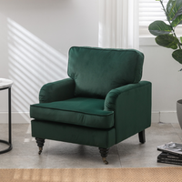 Velvet Accent Chair, Sofa Armchair with Casters, Mid-Century Modern Velvet Upholstered Comfort Oversized Armchair with Wooden Legs, Reading Chair，Living Room Chair, Dark  Green