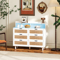 43.31"6-Drawers Rattan Storage Cabinet Rattan Drawer with LED Lights and Power Outlet,for Bedroom,Living Room,White