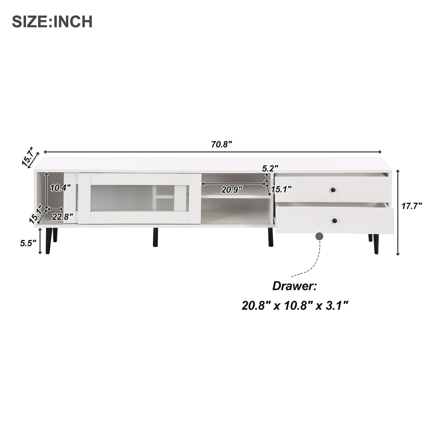 ON-TREND Chic Elegant Design TV Stand with Sliding Fluted Glass Doors, Slanted Drawers Media Console for TVs Up to 75", Modern TV Cabinet with Ample Storage Space, White